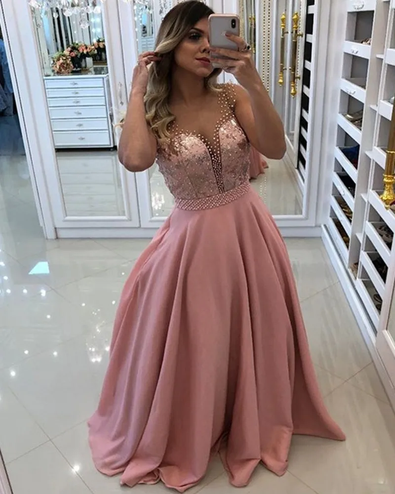 

Elegant Pink Top Lace Evening Party Dress 2024 Sheer Illusion Neck Pearls Long Prom Formal Gown Vestidos Robe De Soiree