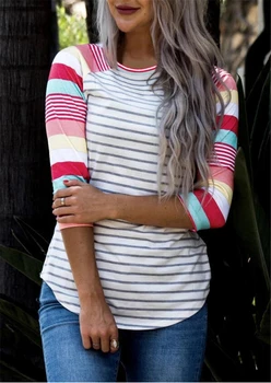 

Color Striped T-shirt Three Quarter Tops Tee Women Loose Summer Top 2020 Autumn Tee Shirts Casual tshirts mujer camisetas