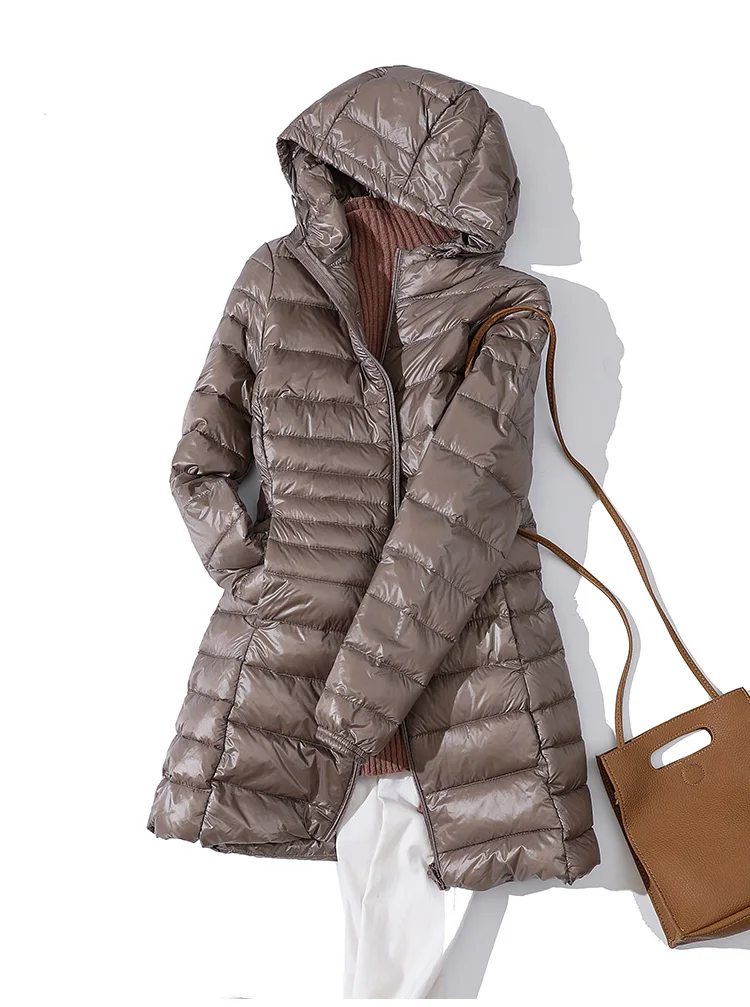 Зимнее длинное пуховое пальто для женщин; очень легкая теплая куртка с капюшоном; винтажная черная осенняя куртка на утином пуху; PP281