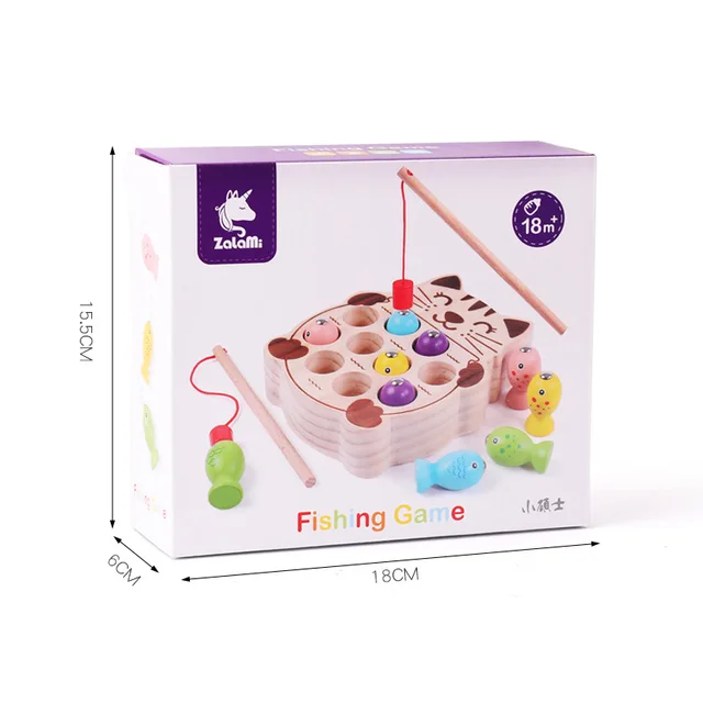 Kids Wooden Montessori Toys Magnetic Kitten Fishing Toys Game Baby Early Educational Puzzle Toys for Children Outdoor Play Set 6
