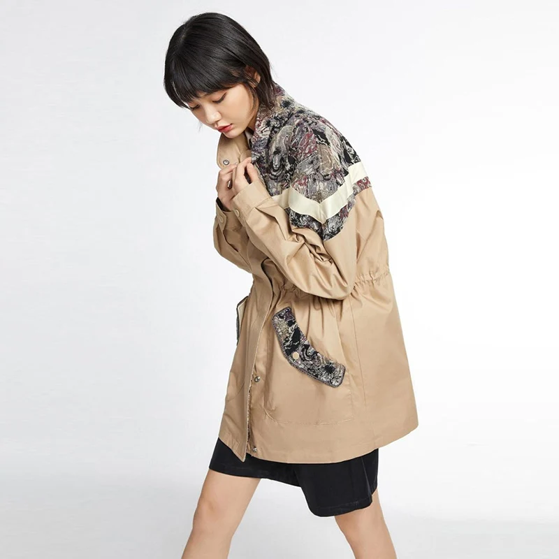 CHICEVER Patchwork Print Women's Trench Turtleneck Long Sleeve Ruched Streetwear Loose Large Size Trenches Female 2020 New Style