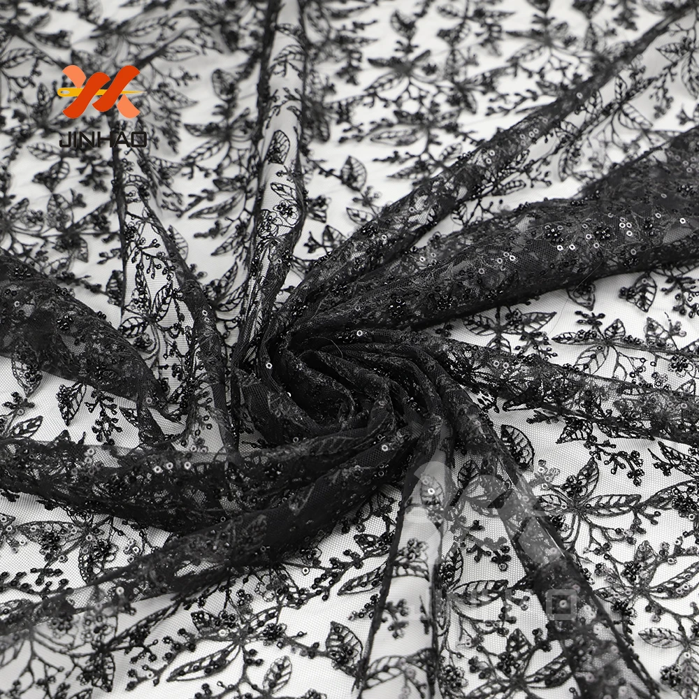 

Black Color 100% Polyester Wholesale Beaded Sequin Fabric Nigerian Lace Fabric 2019 High Quality Lace Sparkly Material For Dress