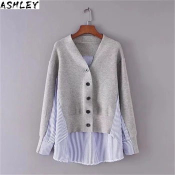

New Pattern 2020 Spring Autumn Fashion Woman Tops Long Sleeve Spliced Striped Fake Two Pieces V-neck Blouse Shirt