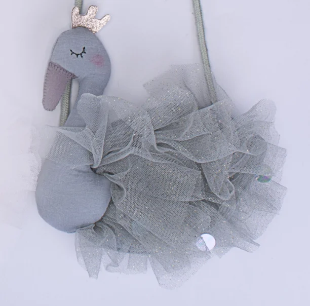 GRAY-BLUE Детский кошелек для монет, кошелек для девочек, сумочка для девочек, сумка для девочек, детская плюшевая сумка на плечо, маленькие кружевные сумки с лебедем, Детская плюшевая сумка - Цвет: GRAY-BLUE