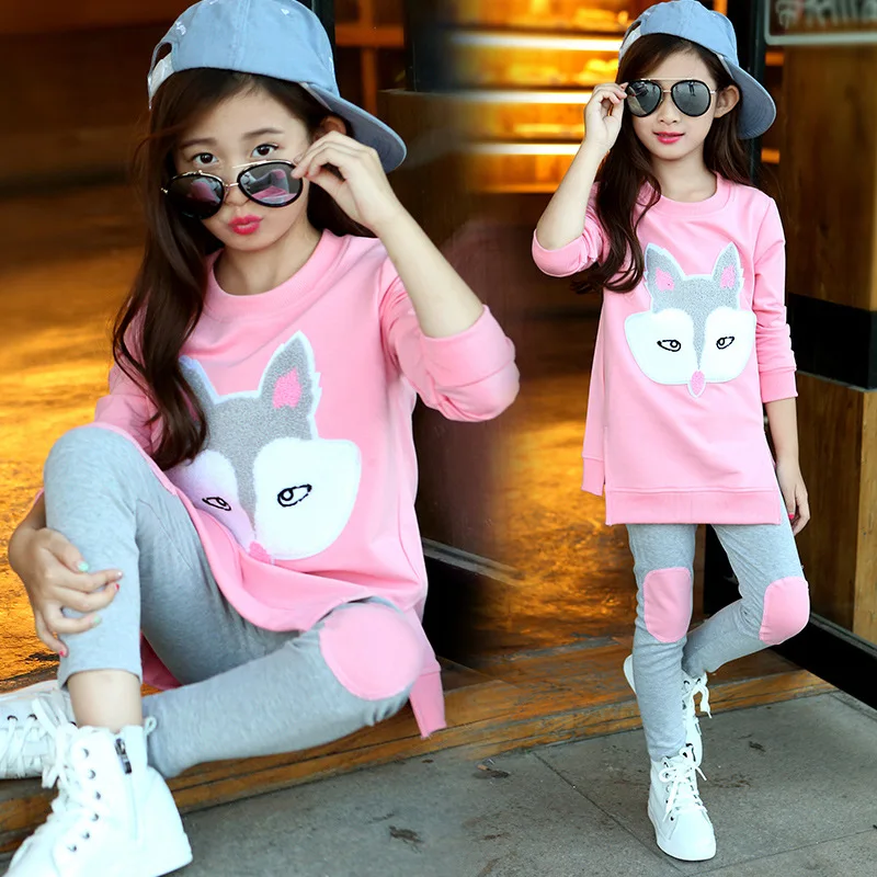 Весенне-Осенняя детская одежда комплект для малышей, комплект из двух предметов с рисунком лисы для девочек, Детский комплект для отдыха, детская одежда - Цвет: Pink