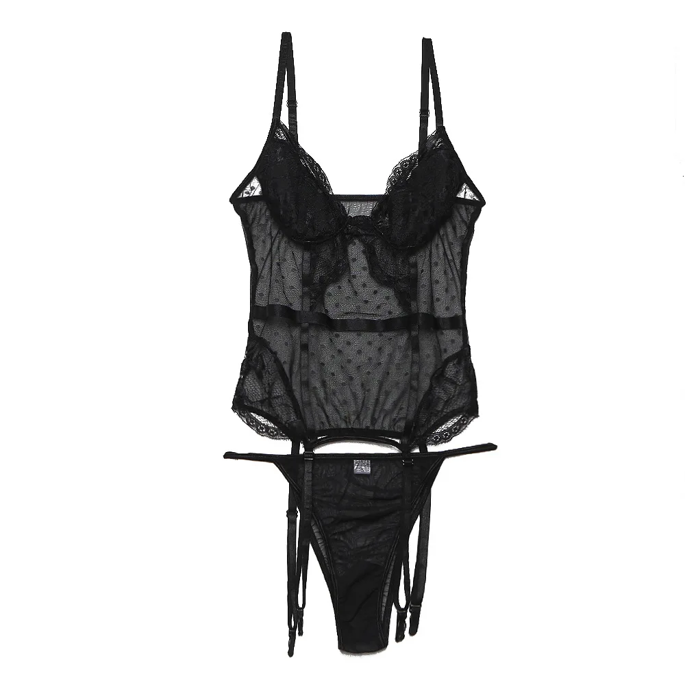 ArtSu Sexy Mesh Lace Transparent Bodysuits 2Pieces Set Nightwear Women Bodycon Polka Dot Bodysuit See Through Catsuits ASJU60396