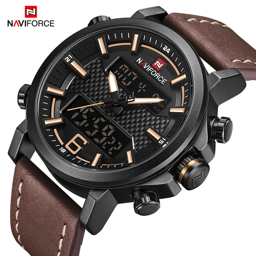 

Мужские Цифровые часы NAVIFORCE, водонепроницаемые спортивные часы с кожаным ремешком, с будильником, двойным дисплеем, датой