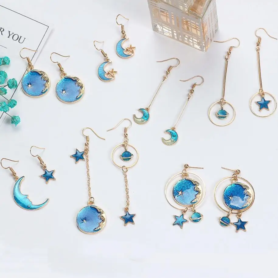 

15 Styles New Creative Blue Universe Asymmetric Earrings For women Ear Accessories Cute Moon Star Drop Pendientes Tassel Brincos