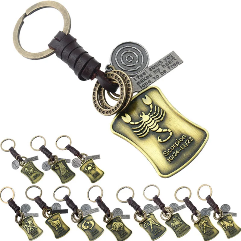 

New Style 12 Constellation Retro Weaving Cattle-leather Key Ring Alloy Genuine Leather Key Pendants Pendant