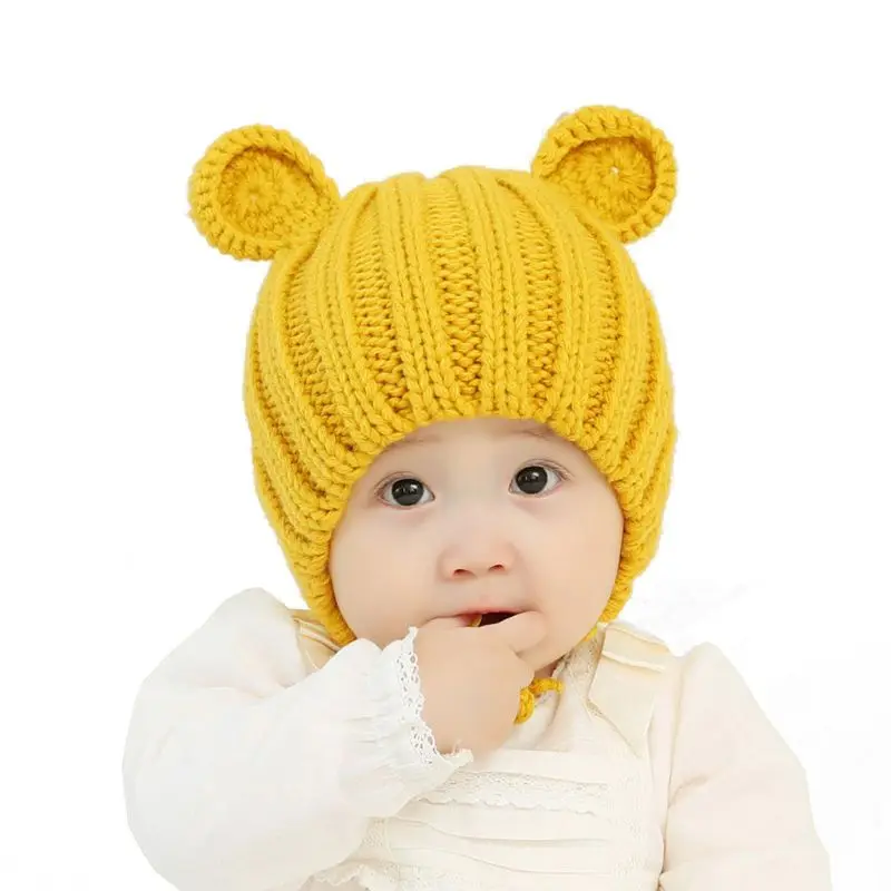 Вязанная зимняя детская шапка с мультяшными ушками на шнуровке, детская шапочка, От 1 до 3 лет, реквизит для фотосессии, Детская вязаная шапка с ушками