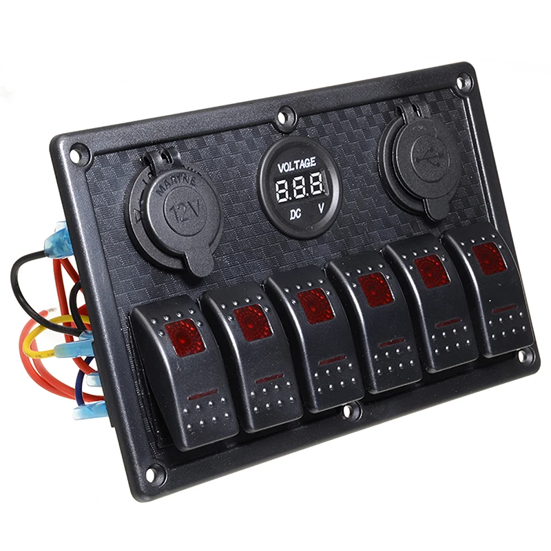 6 Gang Red LED Car Switch Panel 12V 24V Circuit Breakers Overload Protect Boat Rocker Switch Control Panel Set