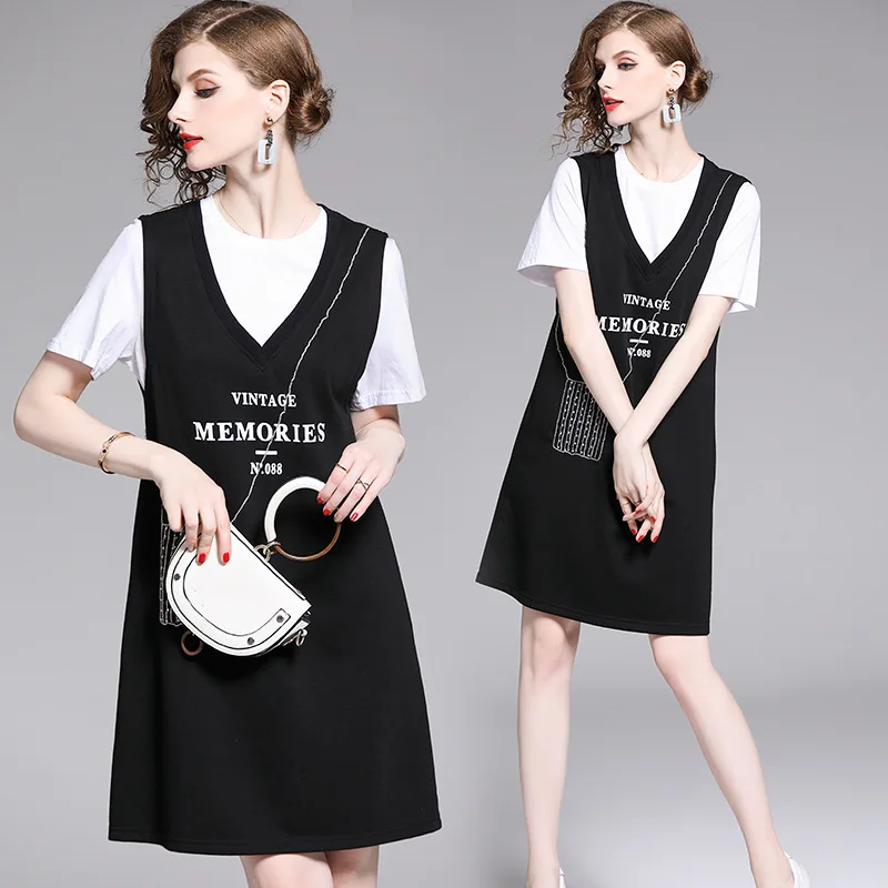 

Photo Shoot Ozhouzhan Pattern Hot Drilling Short-sleeve Dress 2019 New Style Summer Casual Two-Piece Goods in Europe Long Skirts