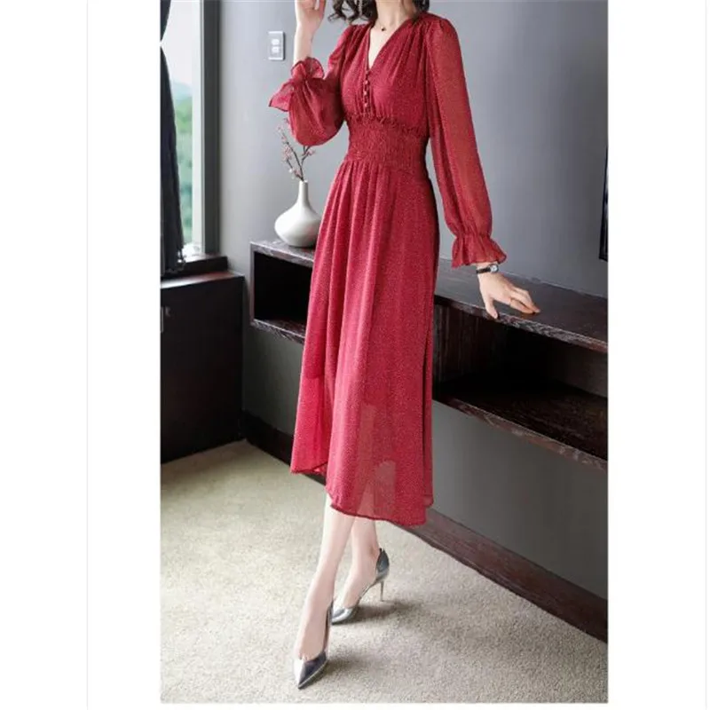 

3XL Plus Size V Neck chiffon dresses 2020 spring new large size women print vintange Long sleeve Loose dress