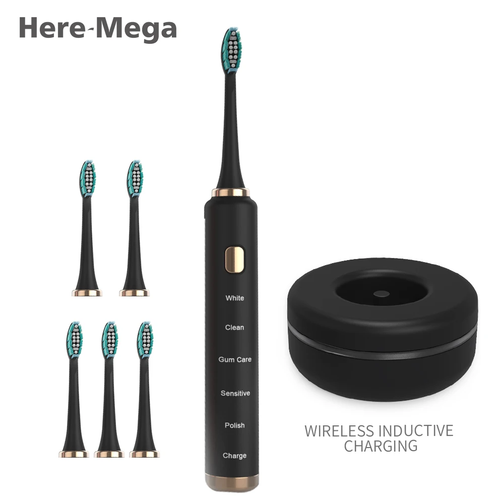 Here Mega Electric Sonic Toothbrush USB Chargeable DuPont Brush Head Vibrating Whitening 3 Heads Smart Timer Teeth | Бытовая техника