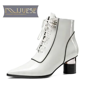 

MLJUESE 2021 women Ankle boots Cow leather Winter short plush Pointed Toe Zipper Crystal High heels female boots size 41