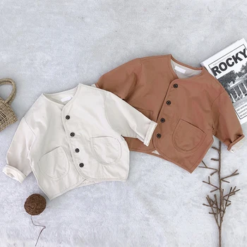 

2019 Children'S Clothing Autumn Kid Korean Pure Colored Coat Cotton Single-Row Button Top Collar-Less Casual Jacket