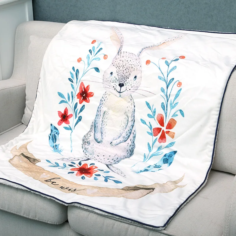 Зимнее мягкое Фланелевое теплое детское одеяло с изображением животных, ручная роспись, 2 слоя, шерпа, пеленка для новорожденных, детское одеяло - Цвет: rabbit