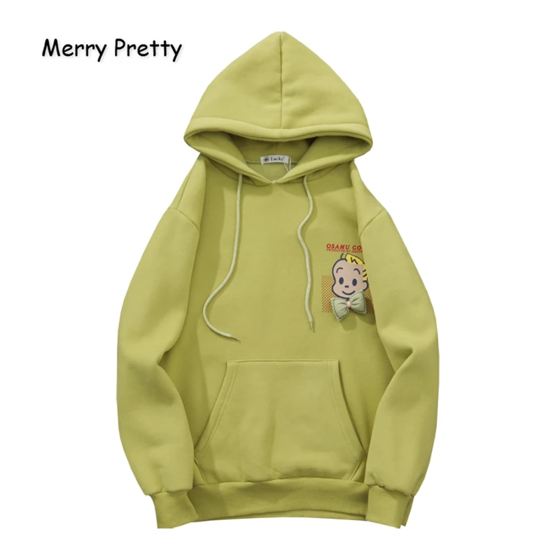 Merry Pretty, женские толстовки с мультяшным принтом и бантом, толстовки,, зимние, плюс бархат, длинный рукав, с капюшоном, пуловеры, свободный спортивный костюм