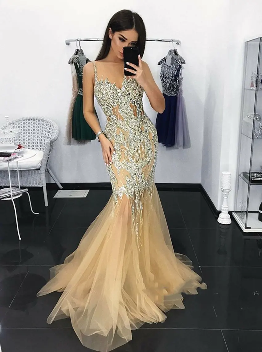 Вечернее платье, Воротник Sheer Jewel, без рукавов, с бисером, кристаллы, Русалка, тюль, блеск, развертки, поезд, индивидуальный дизайн, когда-либо красивое платье для выпускного вечера - Цвет: as  picture