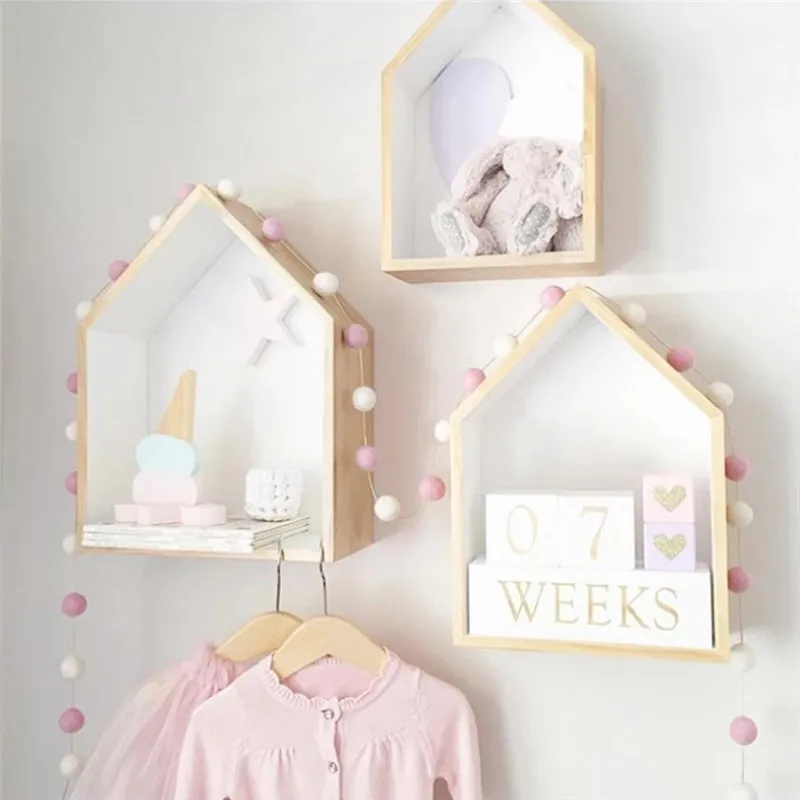 

Nordic Style Wall Shelf Display Hanging Shelving Kids Room House Shape Shelf Organizer Wooden Shadow Cubby Box Storage Shelves