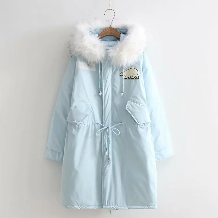 

Korean-style Fall And Winter Clothes New Style Hooded Drawstring down Cotton Large Fur Collar Mid-length Cotton-padded Clothes C