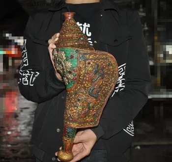 

Christmas 16"Tibet bronze inlay shell Turquoise coral gem Dragon statue Conch Trumpet Horn Halloween