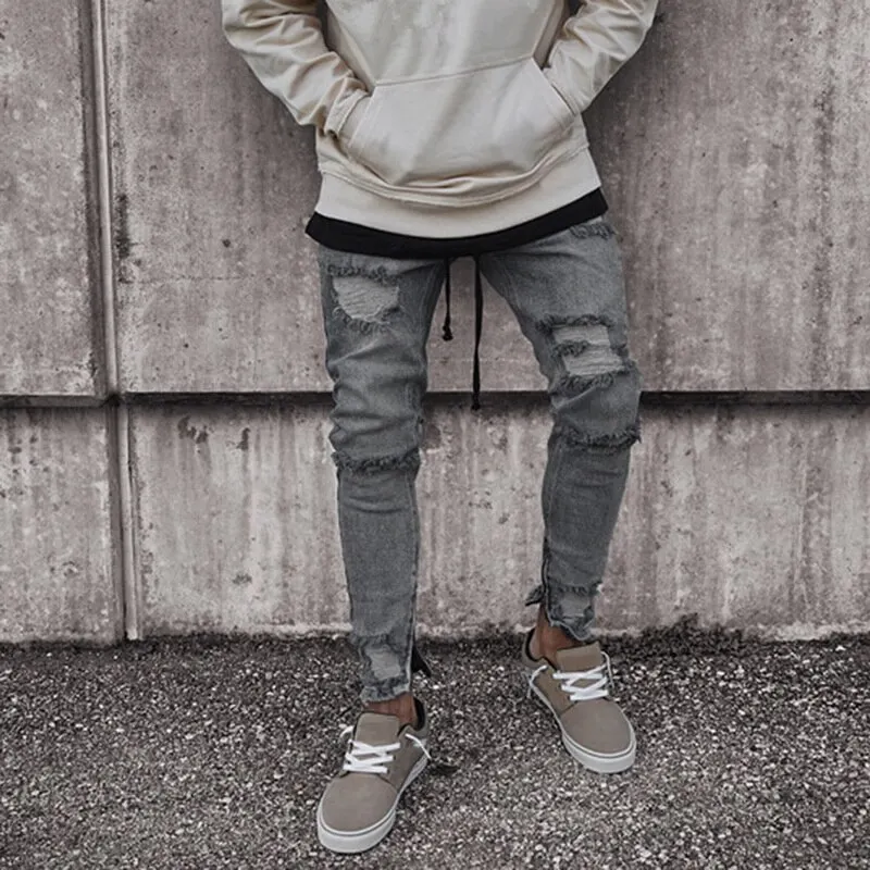Plus Size Jeans for Men Fashion Knee Hole Stretch Destroyed Frayed Denim Pants Casual Skinny Gray Ripped Jeans Pantalones 4