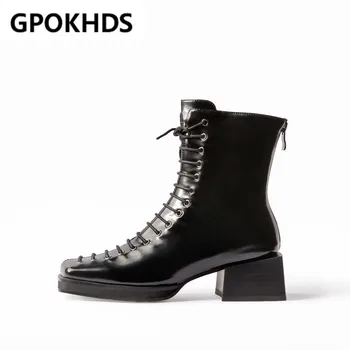 

GPOKHDS 2020 women ankle boots soft patent leather winter short plush zippers black color square toe high heels party dress