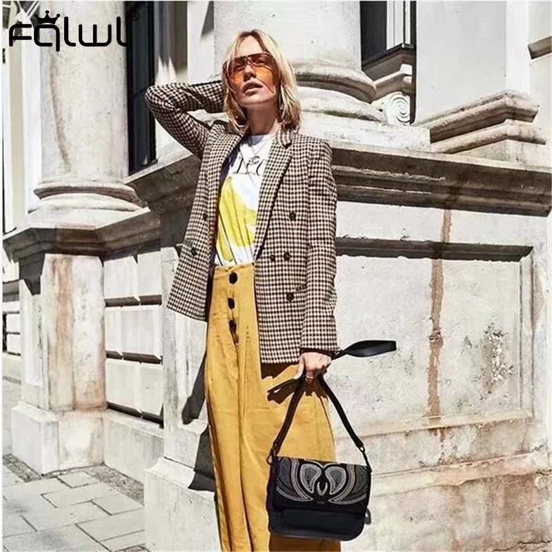 

FQLWL Office Lady Plaid Jacket Oversizde Sexy Ladies Blazer Woman Coat Casual Khaki Long Blazer Female Elegant Blazer For Women