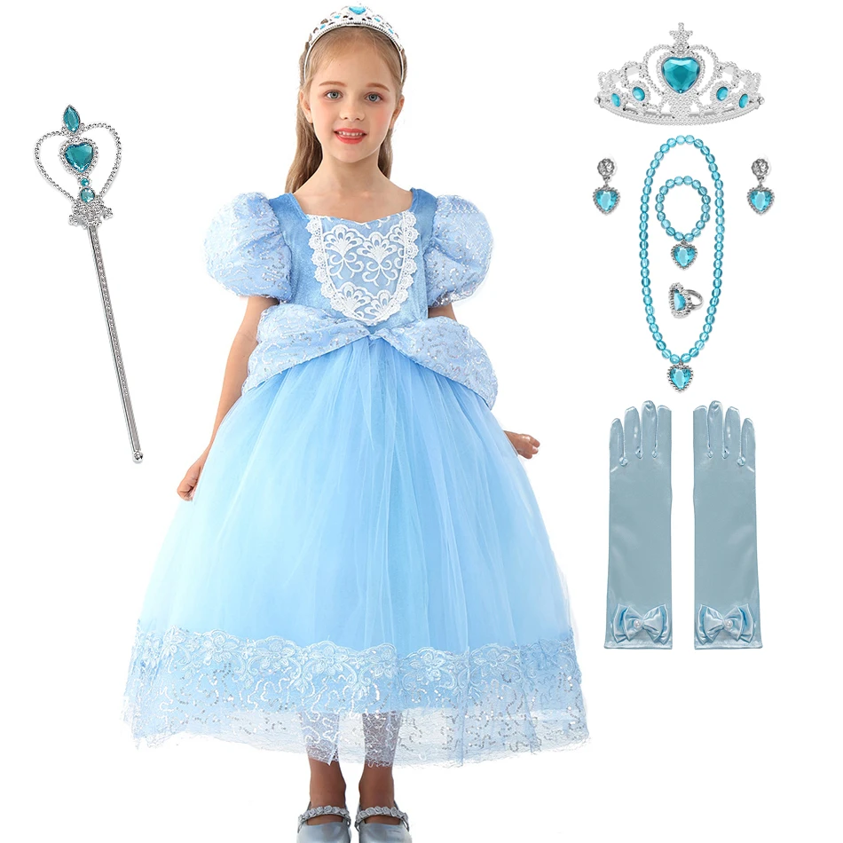 Dress Set 03 VOGUEON Принцесса Золушка роскошный светло-голубой костюм для вечеринки девушки пышные рукава Вышивка Пышное Платье комплект Хэллоуин Фэнтези - Цвет: Dress Set 03