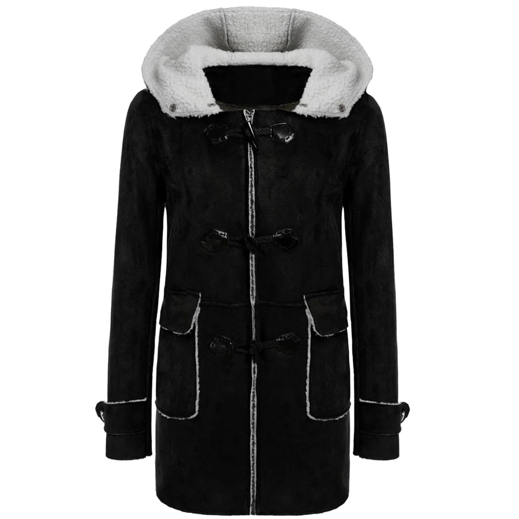 Зимние женские пальто с капюшоном из роговой кожи и овечьей шерсти с пряжкой из искусственного меха, флисовая верхняя одежда, теплые модные пальто и куртки, одежда