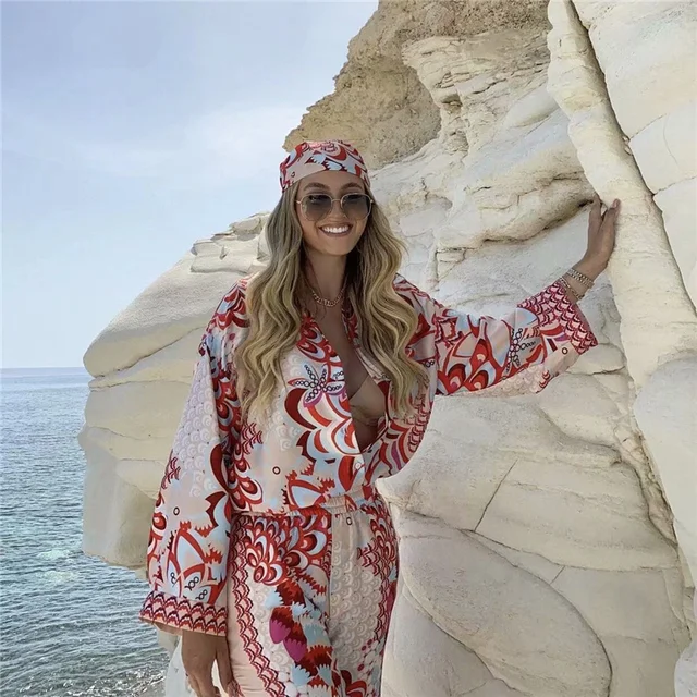 PUWD Elegant Woman Red Print Shirt Suits 2021 Spring Fashion Ladies Indie Folk Suits Ladies Vinatge Beach Suits 4