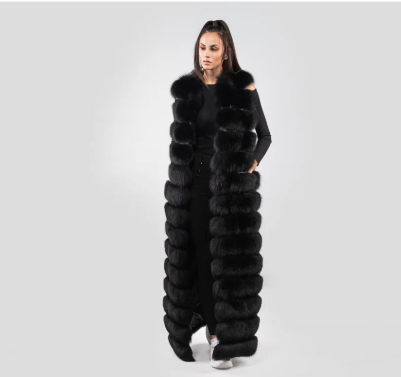 

New Coming Warm Black Thicken Natural Fox Fur Coat Made of High Quality Materials Women Winter Coat Outerwear Long Real Fur Coat