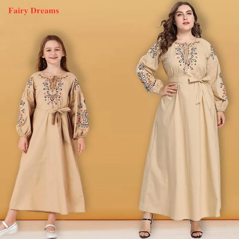 

Long Muslim Dress Women Girl Abaya Moroccan Dubai Turkish Turkey Bangladesh Kaftan Embroidery Robe Kids Caftan Islamic Clothing