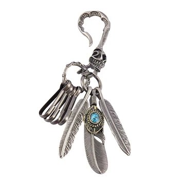 

Antique Silver Keychain Feather Tassel Turquoise Keyring Key Chain Ring Gift