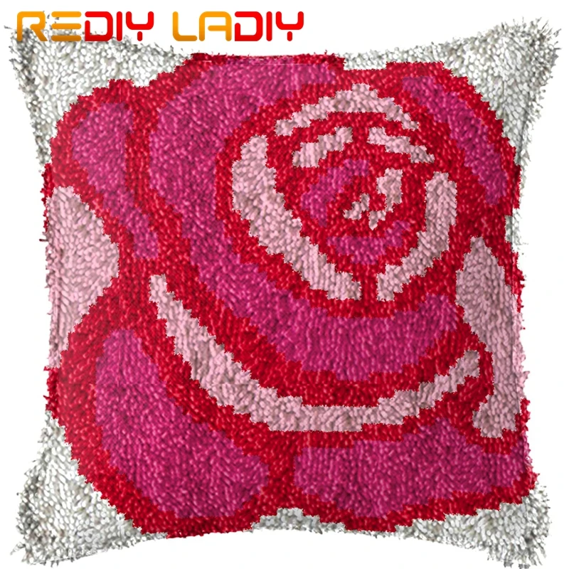 

Latch Hook Cushion Big Red Rose Pillow Case Acrylic Yarn Sofa Pillow Printed Color Canvas Crochet Cushion Cover Arts & Crafts