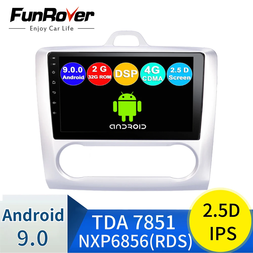 Funrover 2 DIN 9 дюймов Android 9.0 gps навигация Сенсорный экран четырехъядерный автомобильный Радио для Ford Focus Exi AT2004 2005 2006 2007 2008 2009-2011 2.5d+ ips