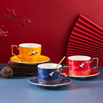 

250ml Luxury Chinese Palace Design Ceramic coffee Cups and Saucers Drinkware Bone China Gold Inlay Tea Cups