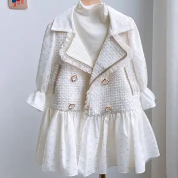 

Children's small fragrance tweed woolen coat autumn new double beasted mesh stitching mid-length coat