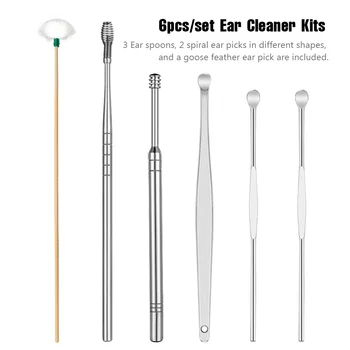 

6pcs/set Ear Cleaner Kits Ear Wax Removal Kit Stainless Steel Earpick Ear Wax Remover Goose Feather Ear Pick Ear Clean Tool