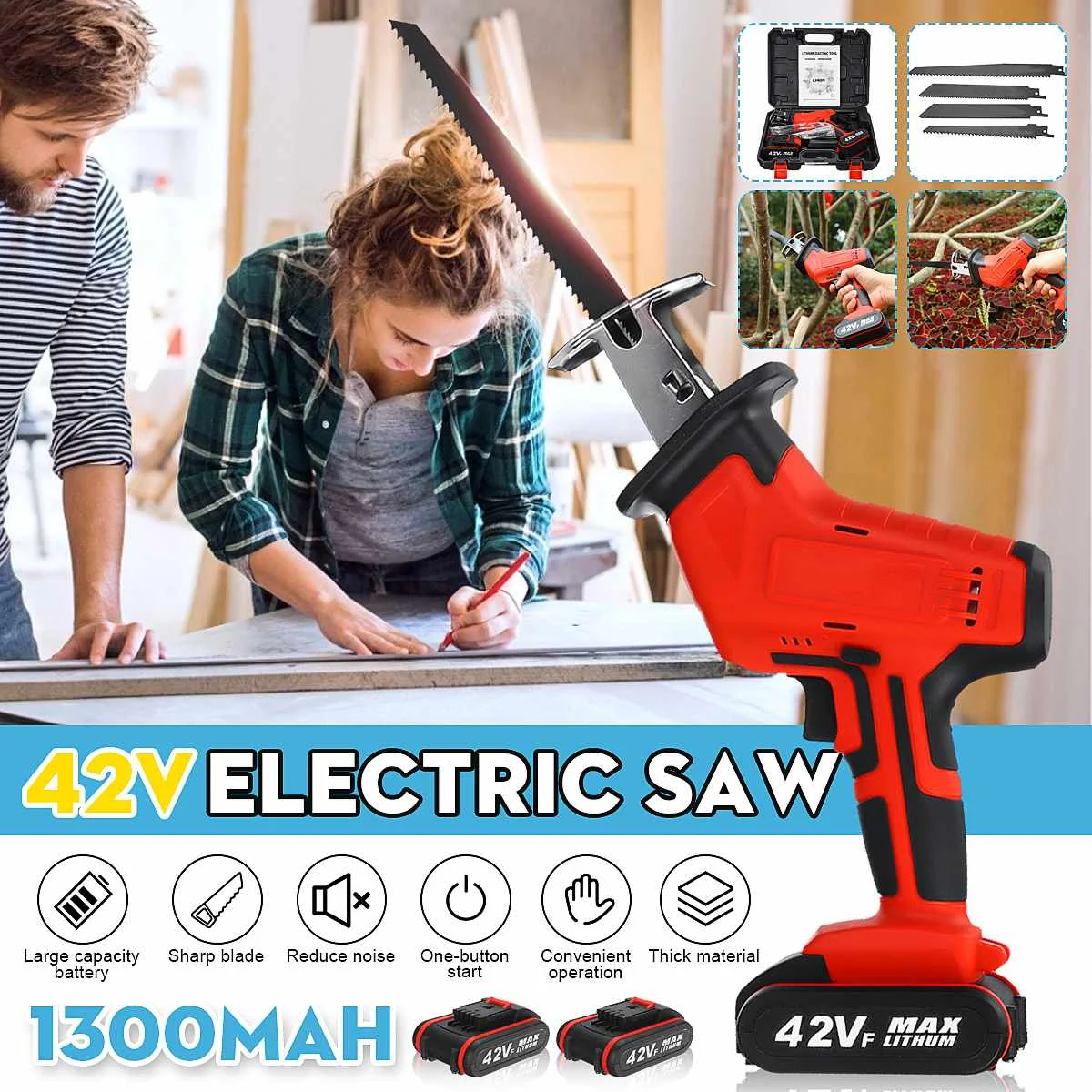 

New 42V Cordless Reciprocating Saw +4 Saw blades Metal Cutting Wood Tool Portable Woodworking Cutters 2 Battery New