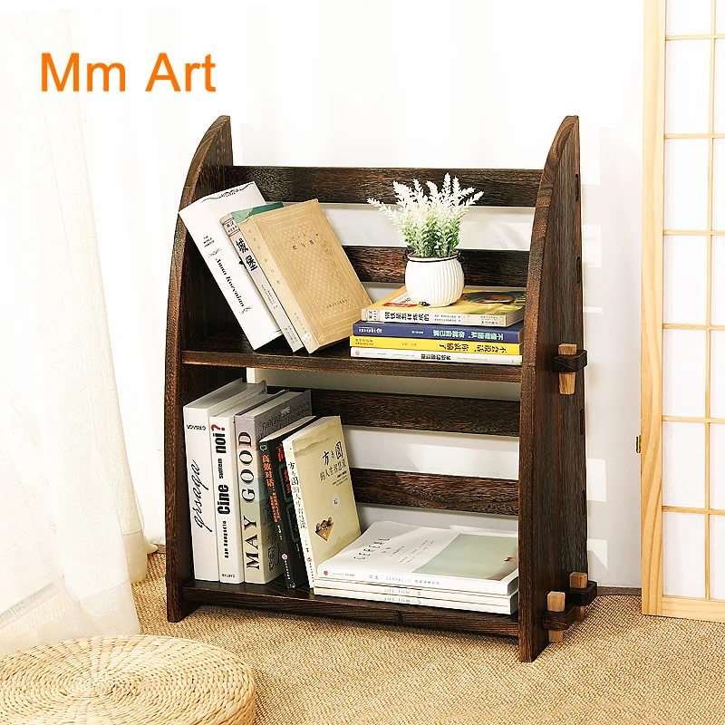 

Bay Window Bookshelf Simple Solid Wood Short Bookcase Creative Desktop Shelf Japanese Style Small Bookcase
