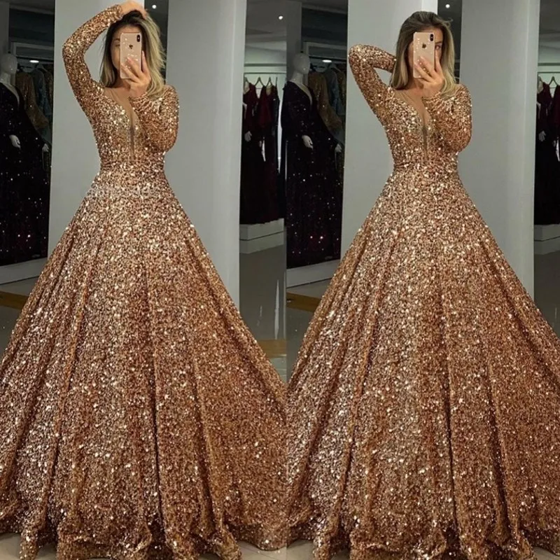 

Evening Prom Celebrity Dresses 2020 Woman Party Night Muslim Ball Gown Gold Long Plus Size Dresses