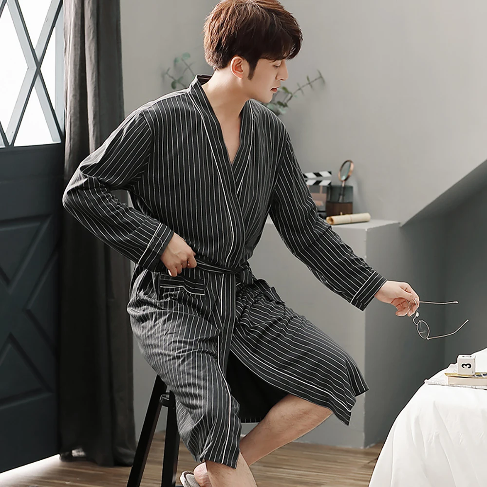 men's pajama sets 2021 Autumn Winter Loose Casual Bathrobe Men Dressing Gown Kimono Man Bath Cotton Long Sleeve V Neck Pijama Luxury Robe Dresses silk pajama pants Men's Sleep & Lounge