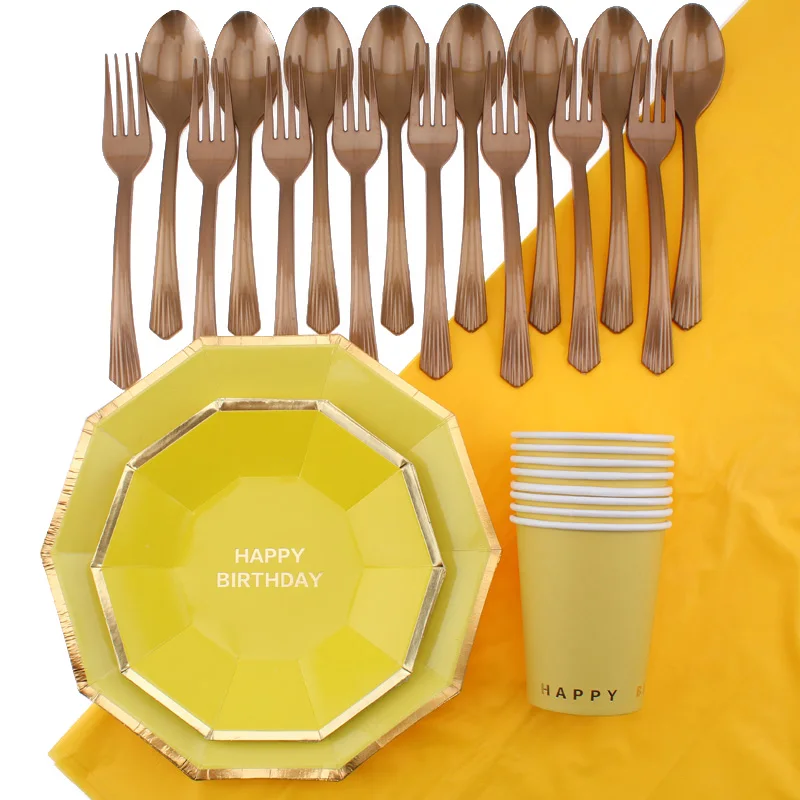 Disposable Tableware 8pcs/1 Pack Yellow Hot Stamping Happy Birthday Paper Tray Party Decorations Kids Decoration | Дом и сад