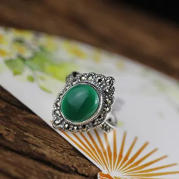 

S925 Sterling Silver Ornament Fashion Women's Green Agate Ring