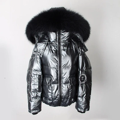 Metal black fur ZURICHOUSE Зимний пуховик женский роскошный пуховик из меха енота Модный глянцевый свободный пуховик с капюшоном Женский пуховик - Цвет: Metal black fur