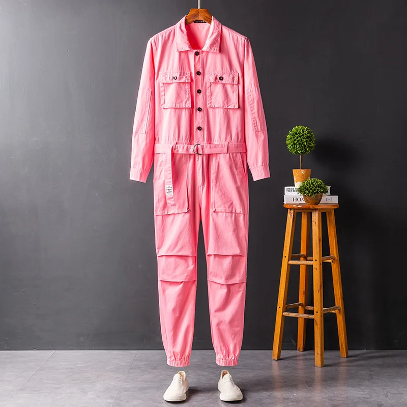 Men Workwear Long Sleeve Jumpsuit Single Breasted Lapel Cloth Autumn Trousers