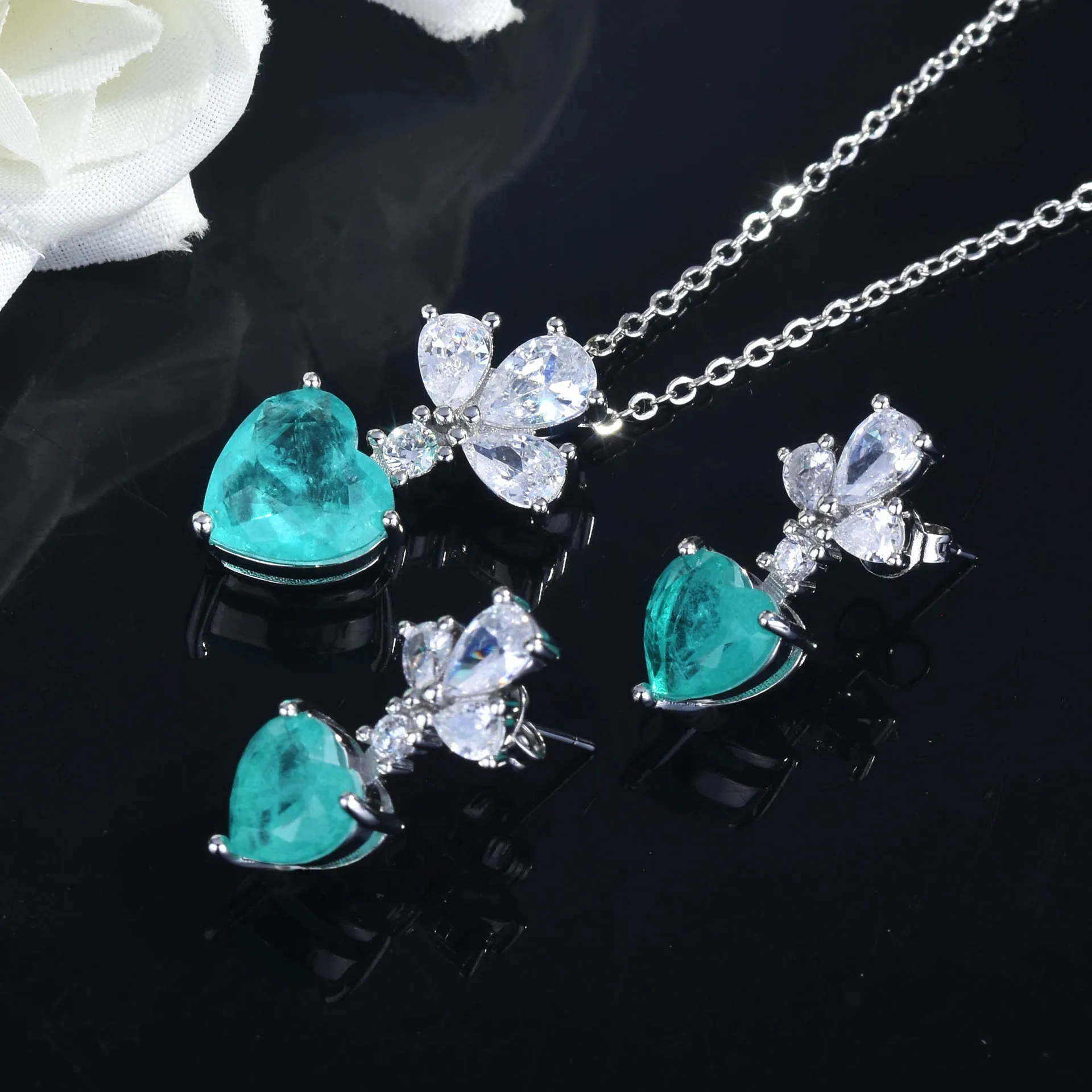 925 Sterling Silver Blue Tourmaline Necklace&Earrings Sets For Women Fine Jewelry Gift