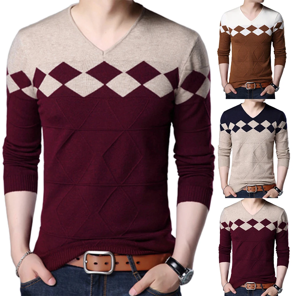 Шикарный мужской пуловер с v-образным вырезом и длинным рукавом, трикотажный эластичный свитер, мужской повседневный осенний облегающий свитер, вязаный свитер